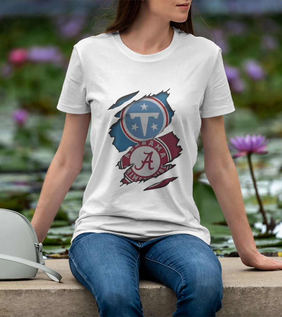 Tennessee Titans Alabama Crimson Tide Ripped Fabric Sports Fan Gear T-Shirt