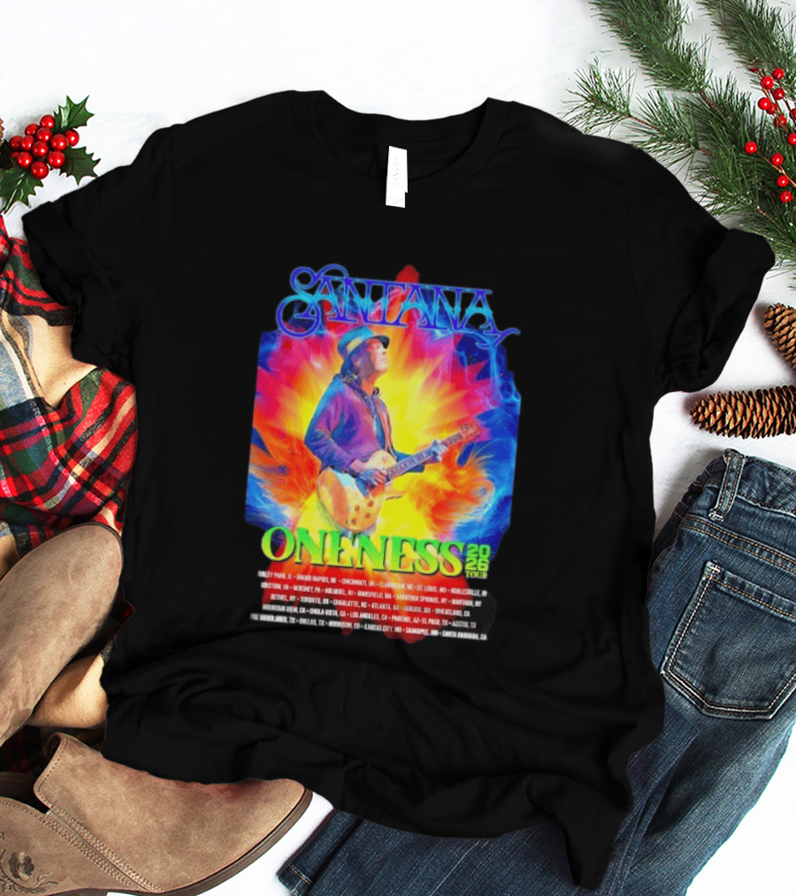 Santana Oneness 2026 Tour Carlos Santana Fire And Ice Tinley Park IL To Santa Barbara CA T-Shirt