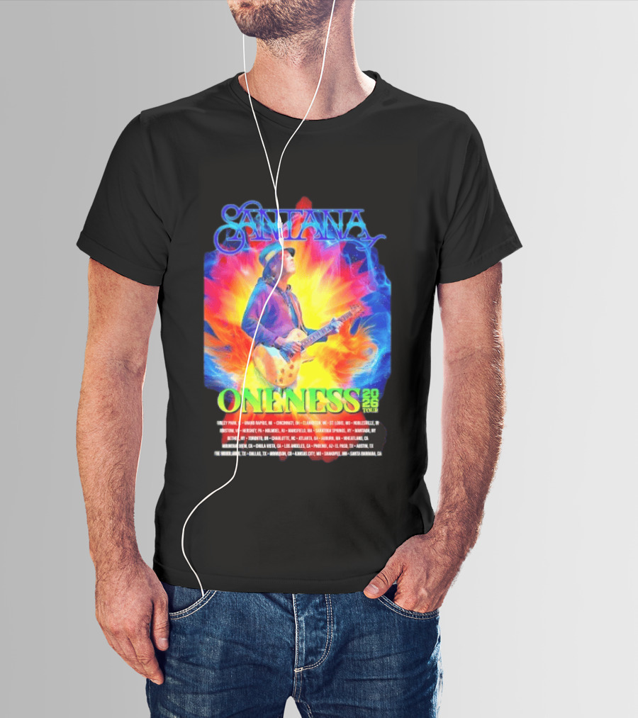 Santana Oneness 2026 Tour Carlos Santana Fire And Ice Tinley Park IL To Santa Barbara CA T-Shirt