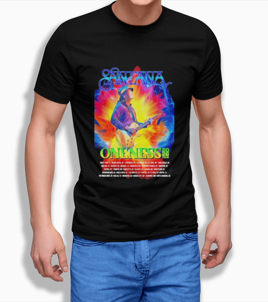 Santana Oneness 2026 Tour Carlos Santana Fire And Ice Tinley Park IL To Santa Barbara CA T-Shirt