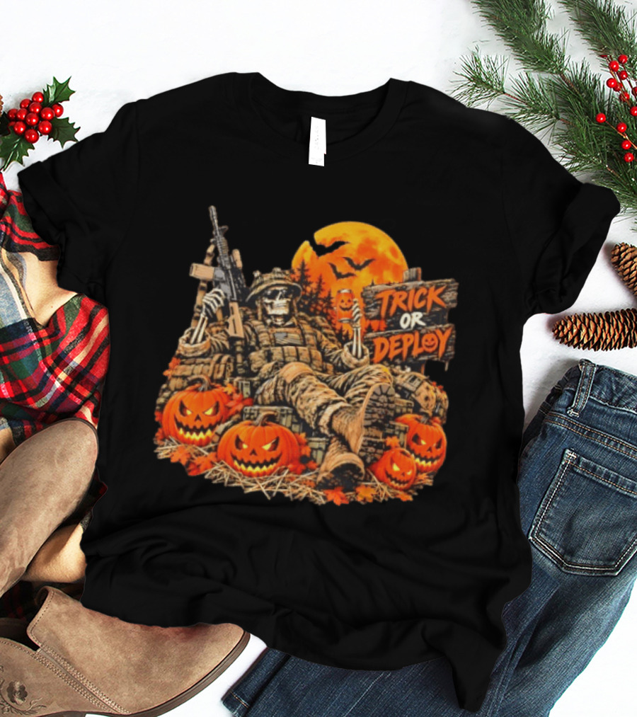 Trick Or Deploy Skeleton Soldier With Halloween Pumpkins And Rifle T-Shirt