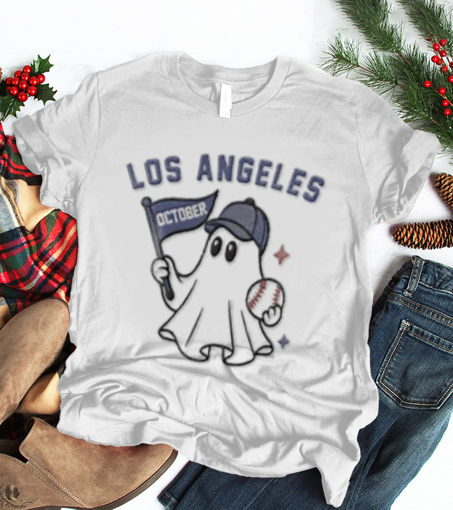 Los Angeles Dodgers Ghost With Flag And Baseball Cap T-Shirt