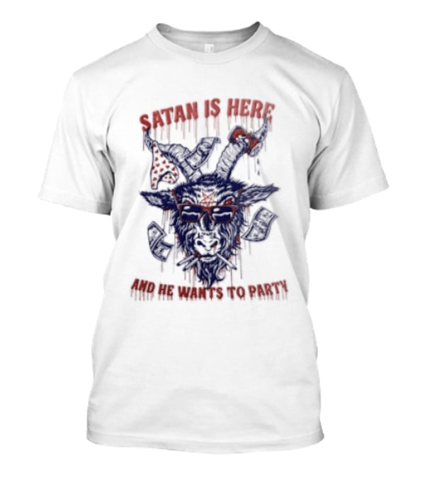 Satan Is Here And He Wants To Party Dripping Evil Goat Mask T-Shirt