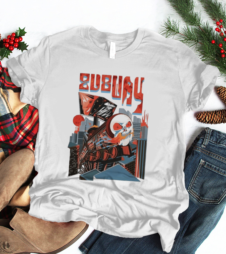 Subway Goes To Hell Skull Train Surreal Cityscape T-Shirt