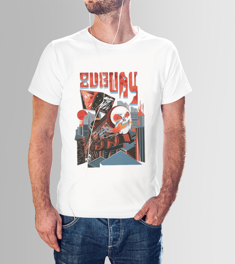 Subway Goes To Hell Skull Train Surreal Cityscape T-Shirt
