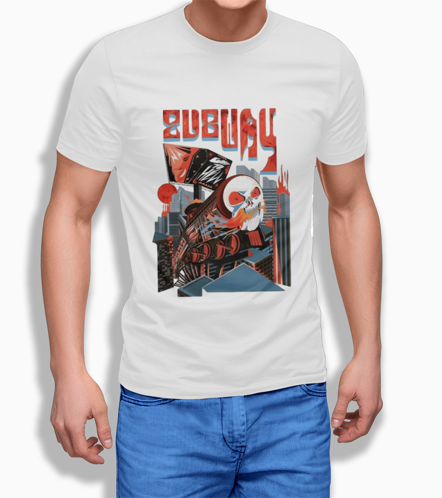 Subway Goes To Hell Skull Train Surreal Cityscape T-Shirt