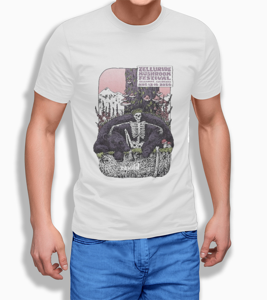 Telluride Mushroom Festival August 12 16 2026 Colorado Skeleton Bear Mountain Scene T-Shirt
