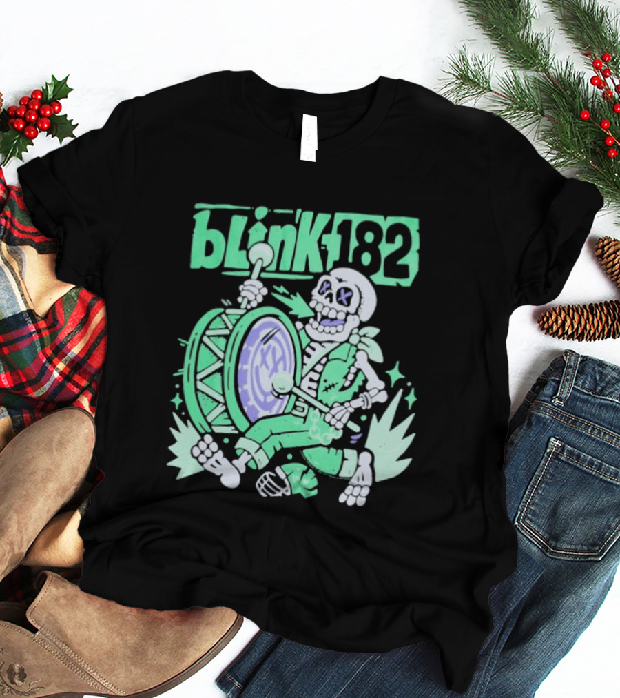 Blink 182 Skeleton Drum Art With Playful Percussion T-Shirt