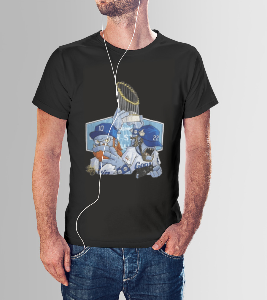 Los Angeles Dodgers Justin Turner Clayton Kershaw Blue Orcs Holding Trophy T-Shirt