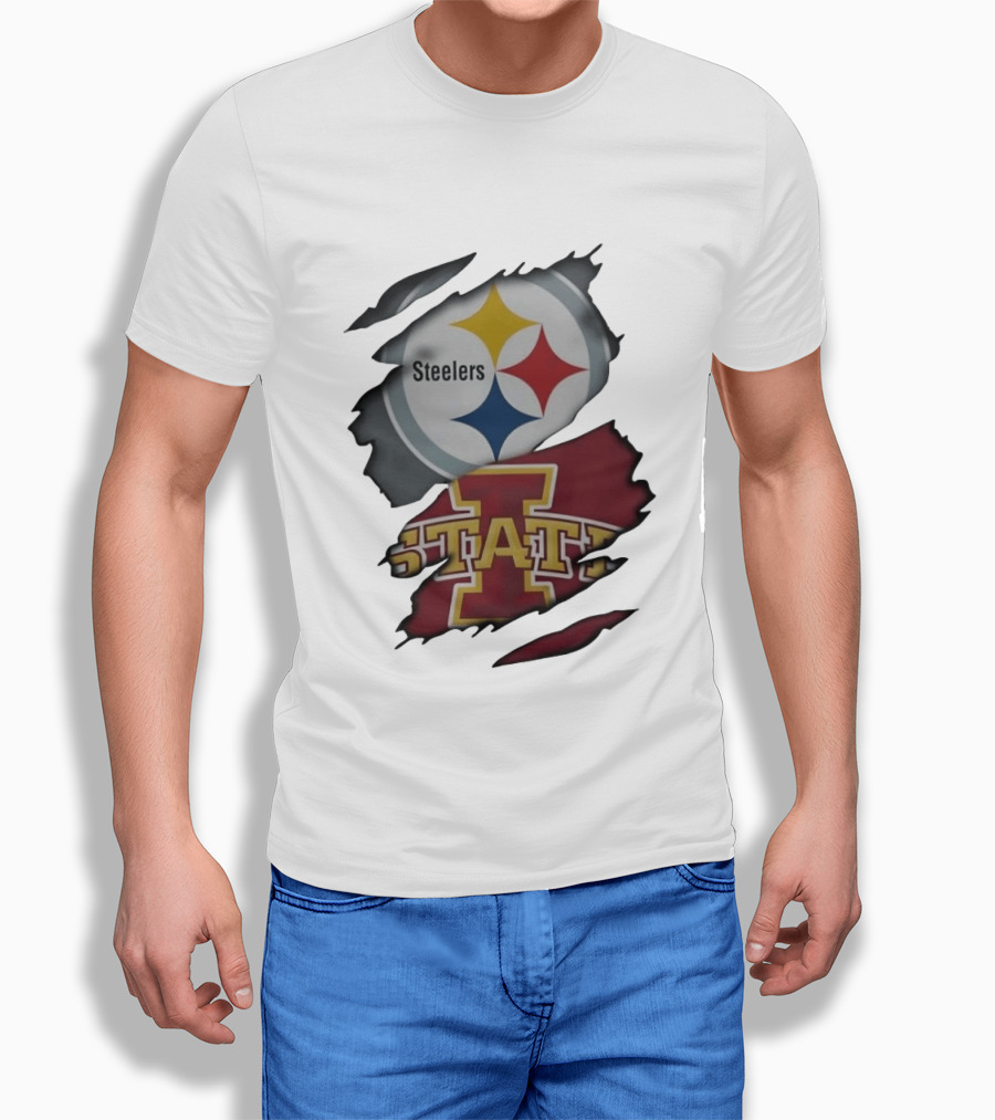 Pittsburgh Steelers Iowa State Cyclones Ripped Fabric Football Fandom Fusion T-Shirt