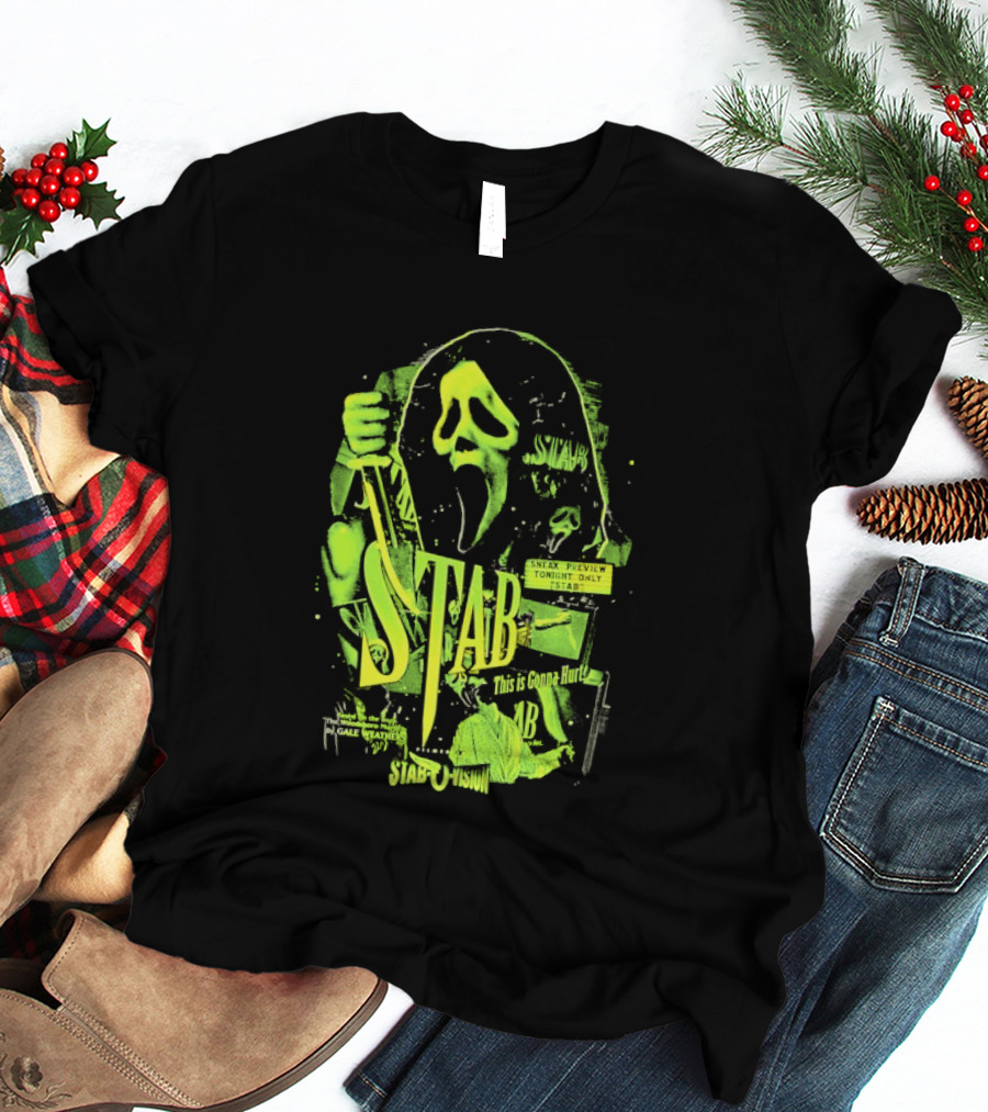 Ghostface Stab O Vision Horror Movie Mask Knife Graphic Neon T-Shirt