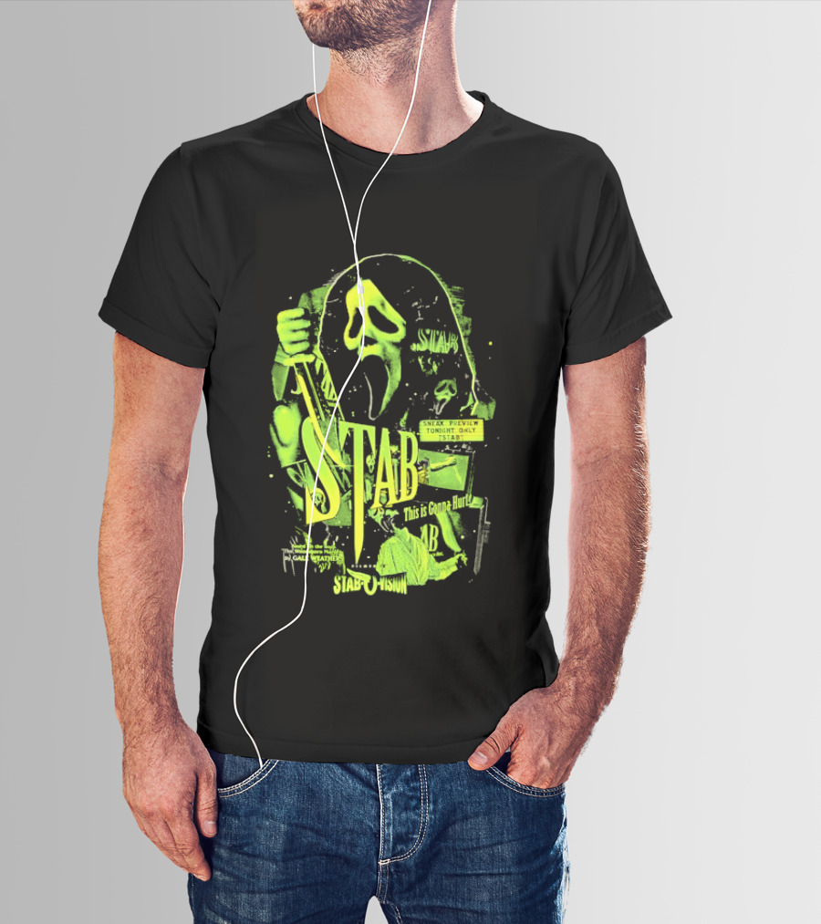Ghostface Stab O Vision Horror Movie Mask Knife Graphic Neon T-Shirt