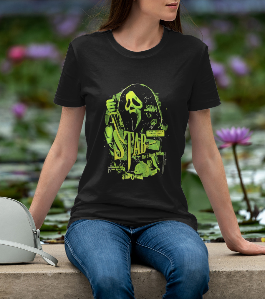 Ghostface Stab O Vision Horror Movie Mask Knife Graphic Neon T-Shirt