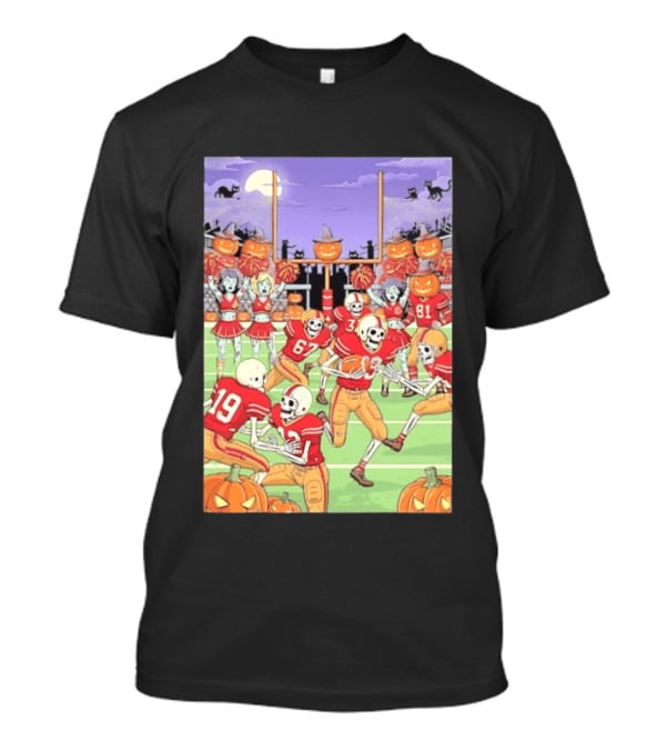 San Francisco 49ers Skeleton Football Halloween Pumpkin Cheerleaders Moon Cats T-Shirt