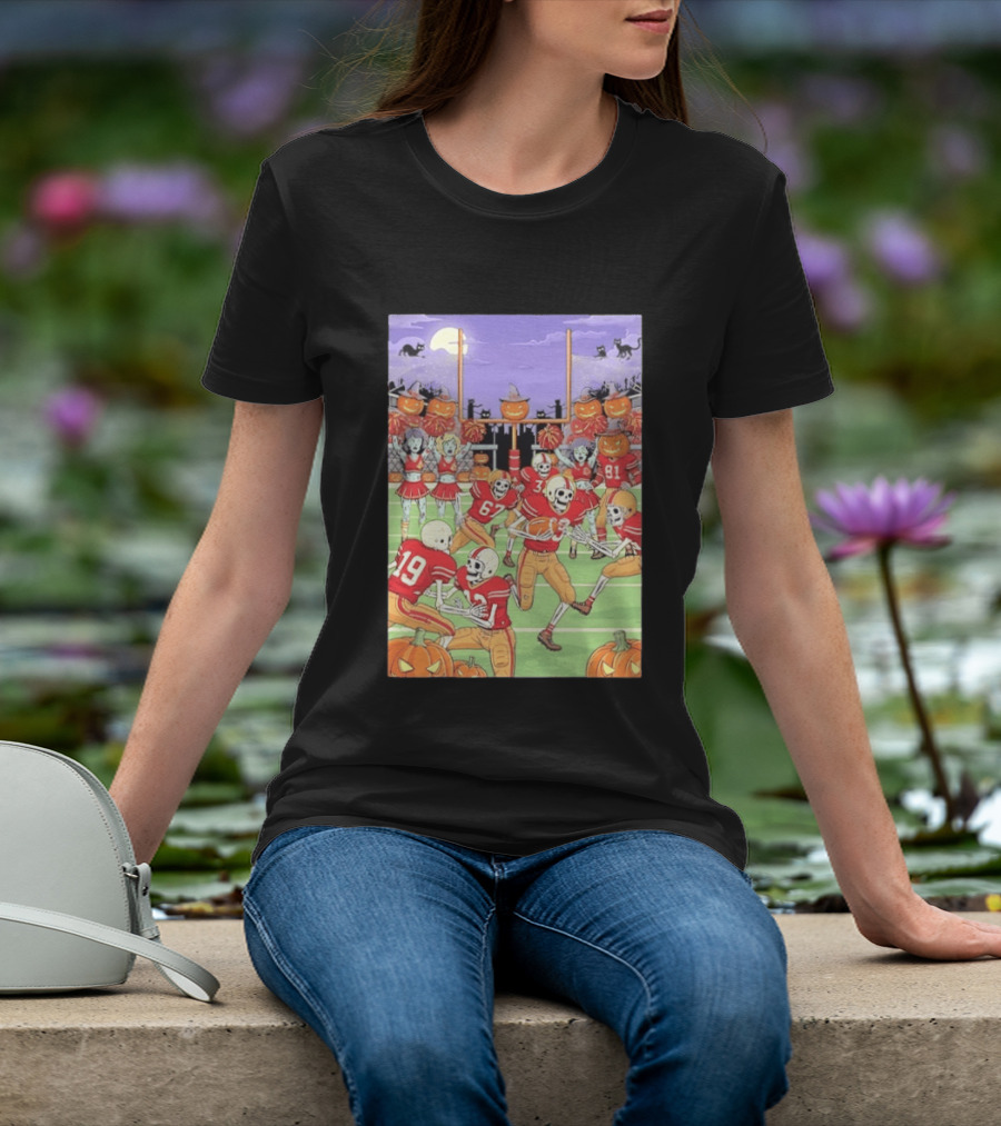 San Francisco 49ers Skeleton Football Halloween Pumpkin Cheerleaders Moon Cats T-Shirt
