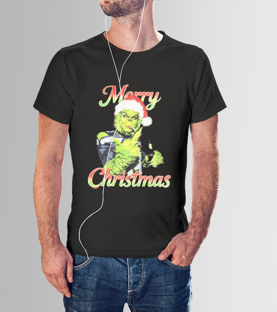 Merry Christmas Seattle Seahawks Grinch Beer Middle Finger T-Shirt