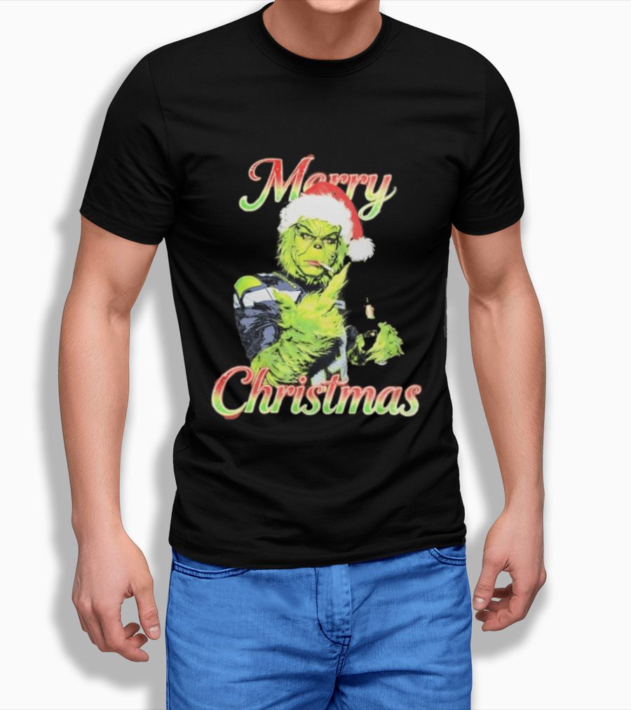 Merry Christmas Seattle Seahawks Grinch Beer Middle Finger T-Shirt