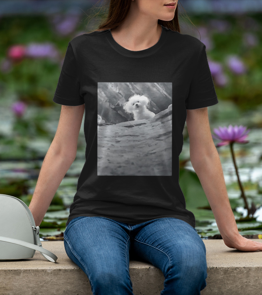 Peeking Fluffy Dog In Rocky Landscape T-Shirt