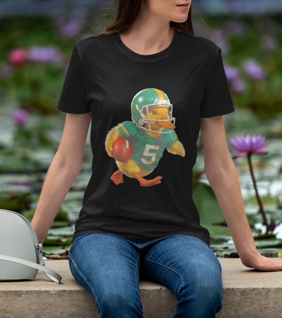 Yellow Duck Number 5 In Green Football Jersey With Helmet And Ball T-Shirt