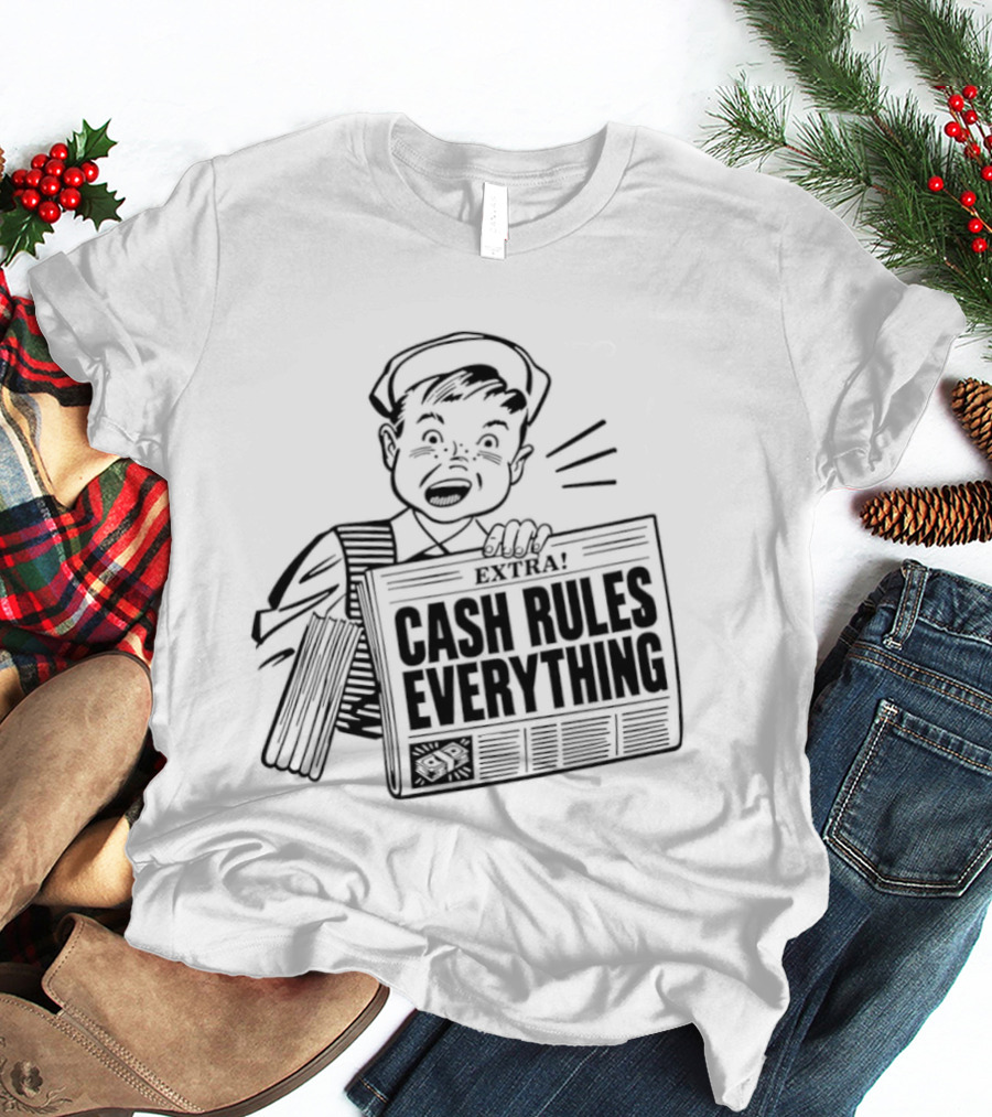 Cash Rules Everything Newspaper Boy Vintage Style Drawing T-Shirt