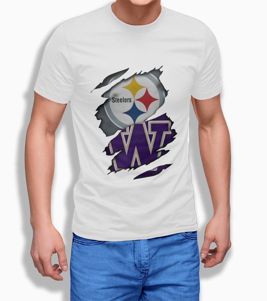 Pittsburgh Steelers Washington Huskies Ripped Logo Collaboration T-Shirt