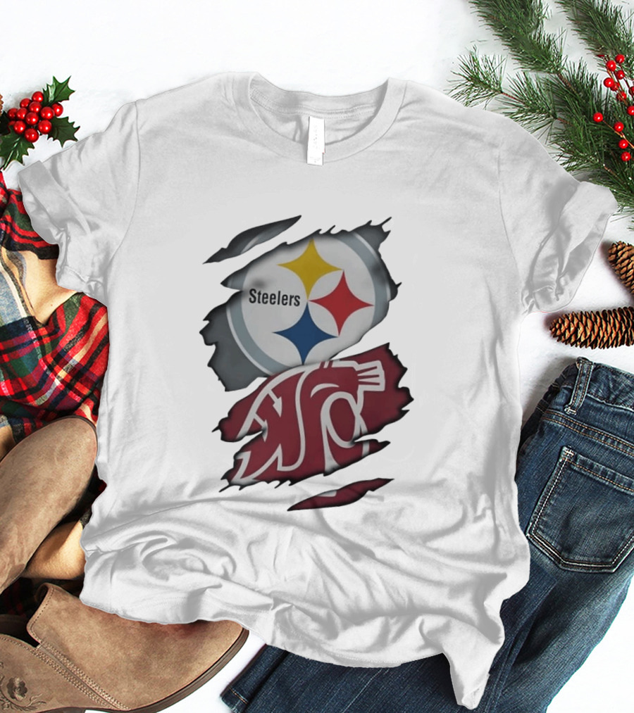 Pittsburgh Steelers Washington State Cougars Ripped Fabric T-Shirt