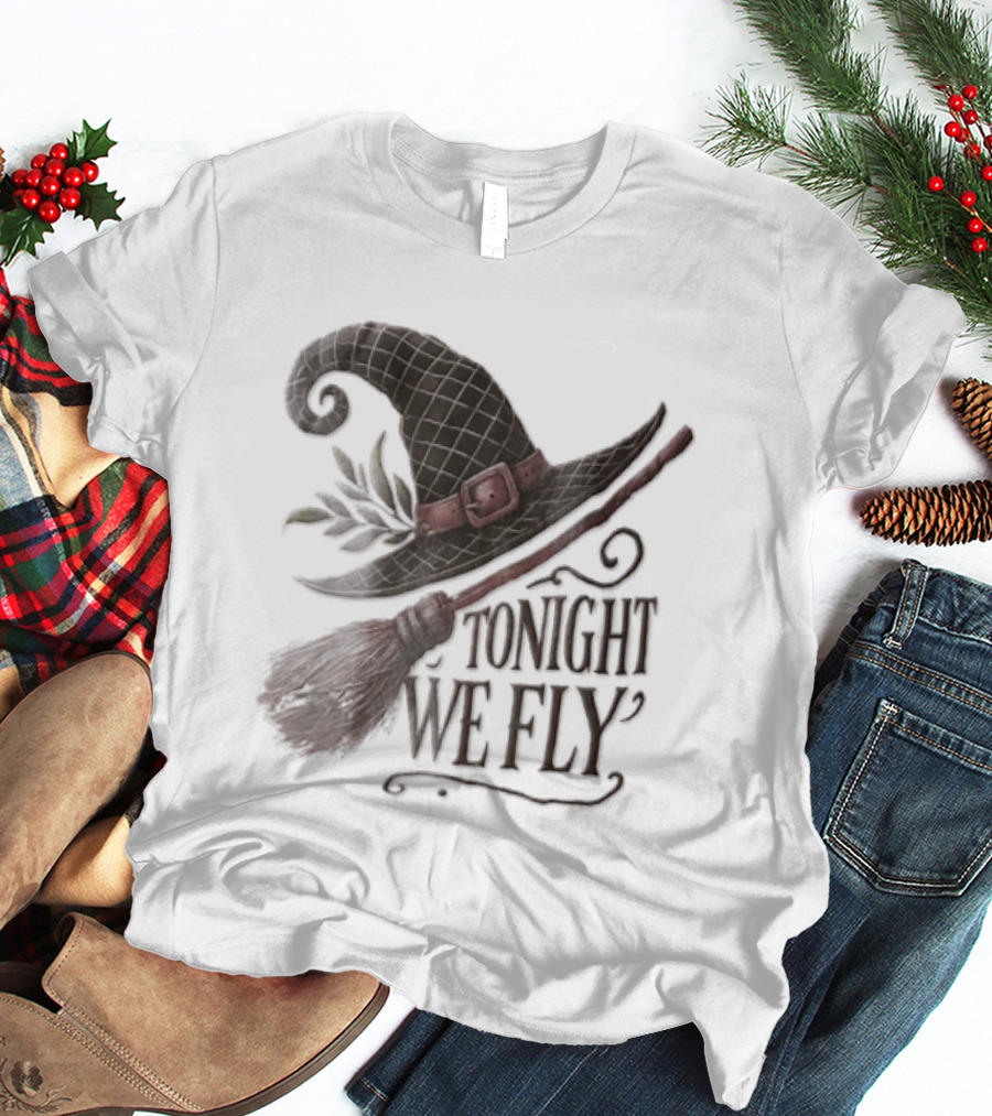 Tonight We Fly Witch Hat Broomstick Leaves T-Shirt