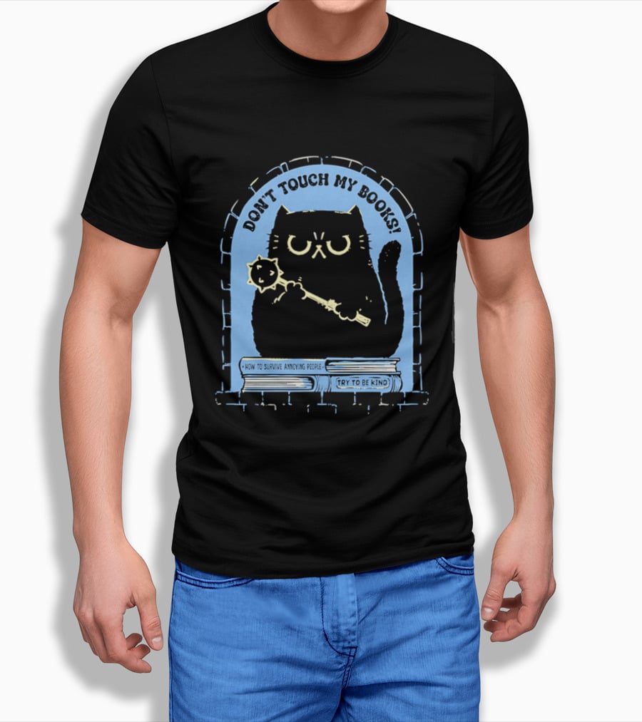 Black Cat Don't Touch My Books Illustration With Mace And Stacked Books T-Shirt