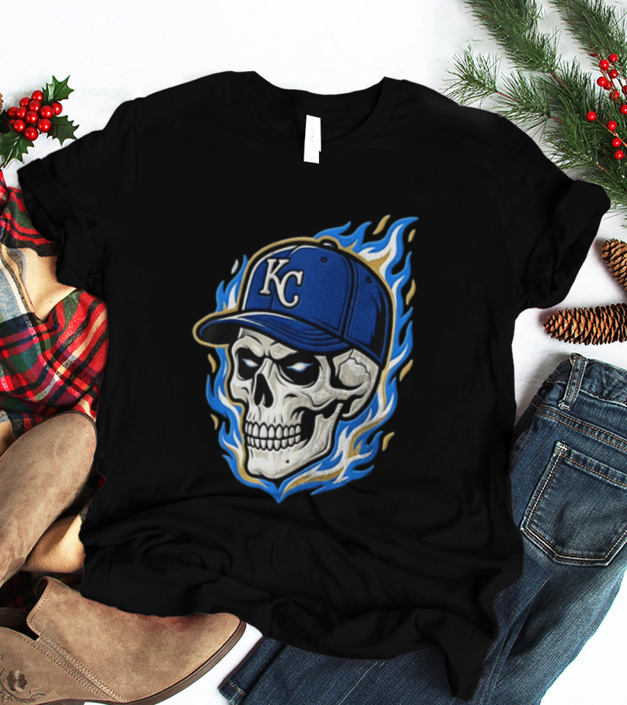 Kansas City Royals Skull Baseball Cap Flame T-Shirt