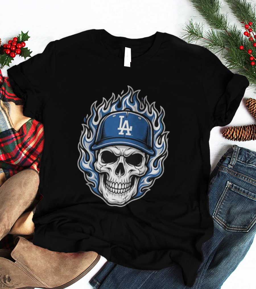 Los Angeles Dodgers Skull Cap Flames T-Shirt