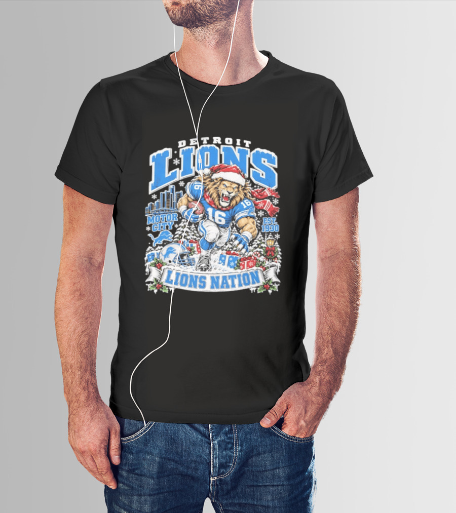 Detroit Lions Nation Christmas Motor City Est 1930 Santa Hat Football T-Shirt