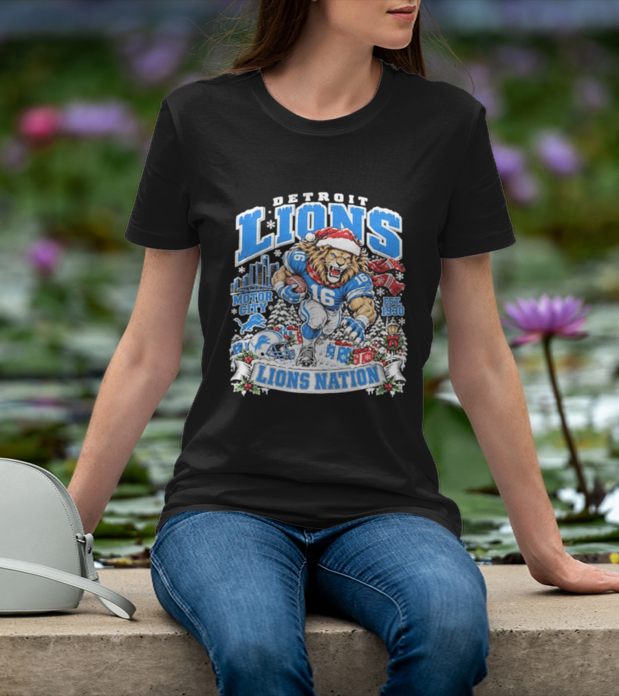 Detroit Lions Nation Christmas Motor City Est 1930 Santa Hat Football T-Shirt