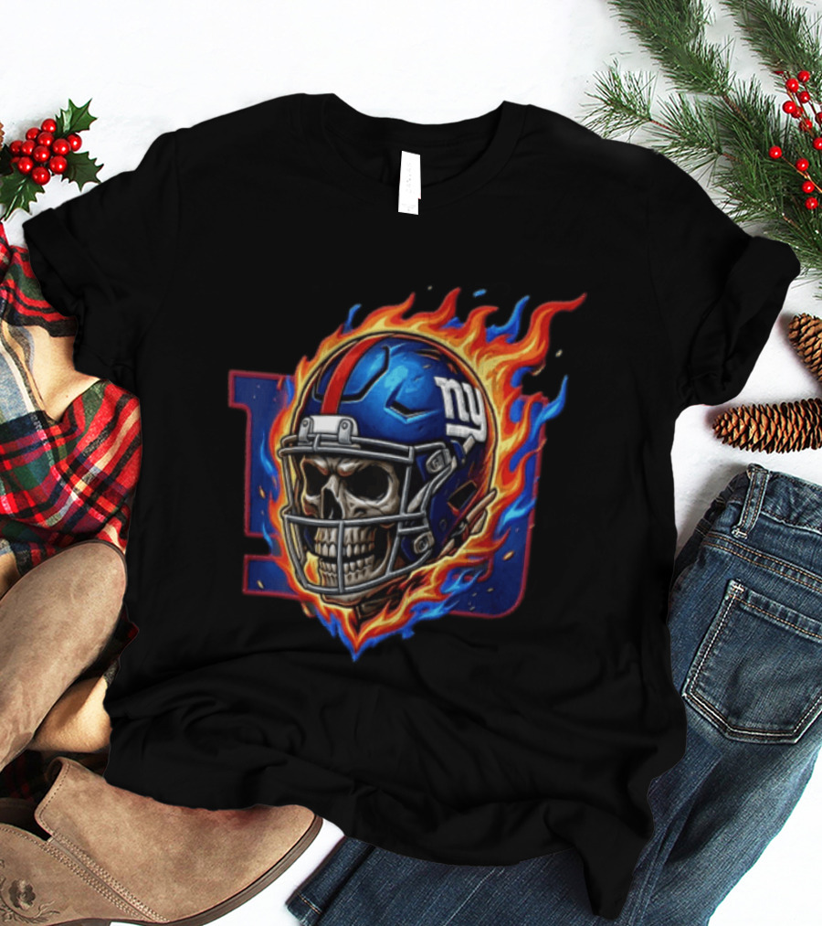 New York Giants Eli Manning Skeleton Flaming Helmet NFL T-Shirt