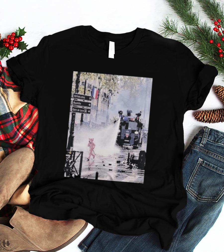 Pink Panther France 2026 Running Through Streets Under Riot Control Water Cannon T-Shirt