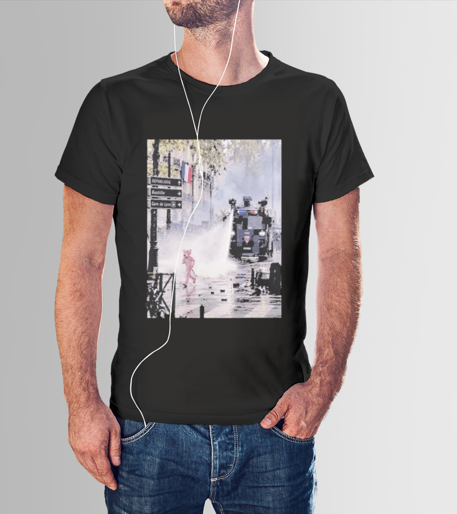 Pink Panther France 2026 Running Through Streets Under Riot Control Water Cannon T-Shirt