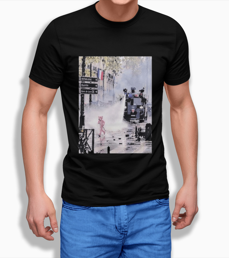 Pink Panther France 2026 Running Through Streets Under Riot Control Water Cannon T-Shirt