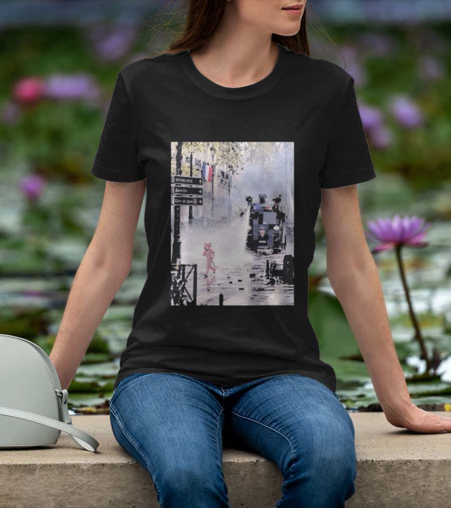 Pink Panther France 2026 Running Through Streets Under Riot Control Water Cannon T-Shirt