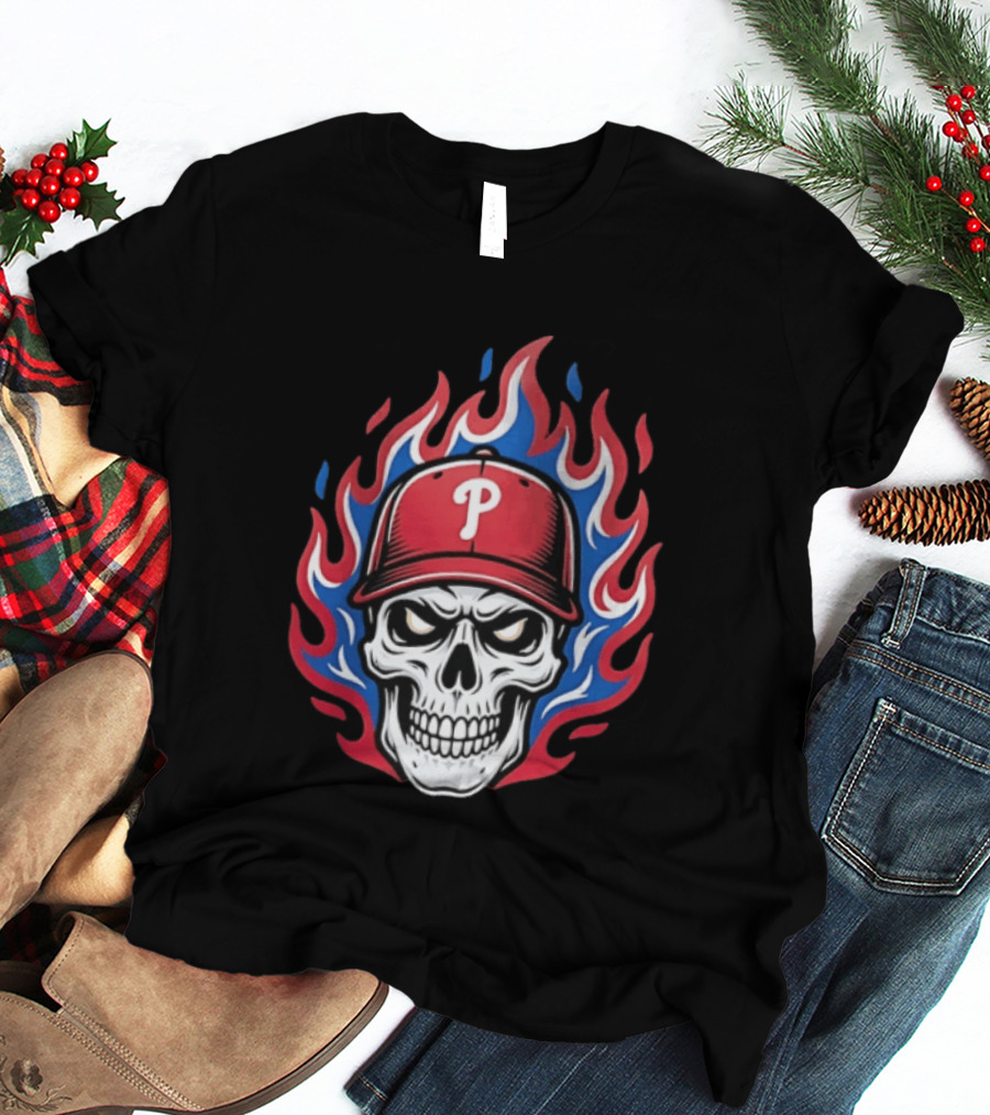 Philadelphia Phillies Skull Baseball Cap Flames T-Shirt
