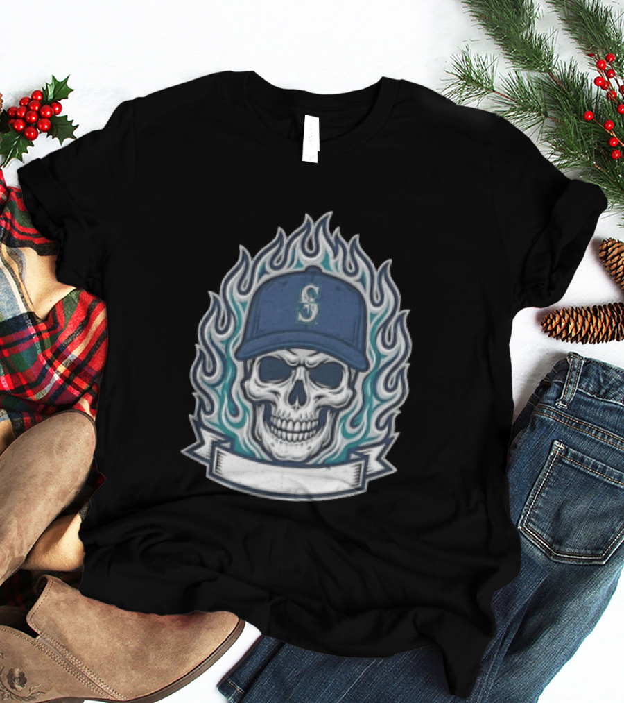Seattle Mariners Skull Cap Flames Skeleton Angel Cross Wreath T-Shirt