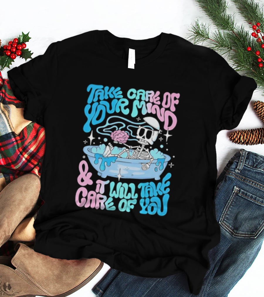 Skeleton Take Care Of Your Mind Neon Pastel Aesthetic T-Shirt