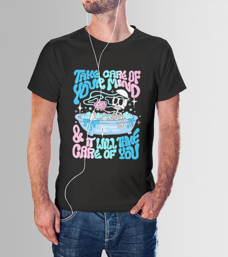 Skeleton Take Care Of Your Mind Neon Pastel Aesthetic T-Shirt
