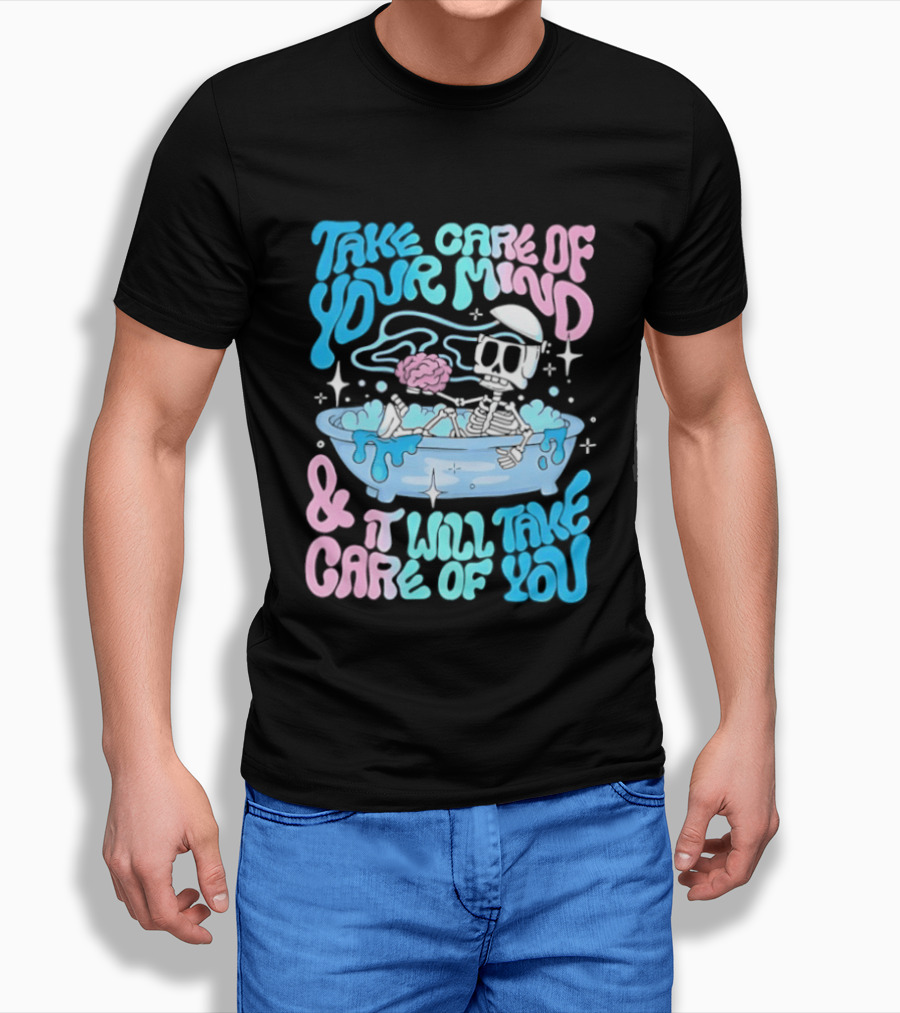 Skeleton Take Care Of Your Mind Neon Pastel Aesthetic T-Shirt