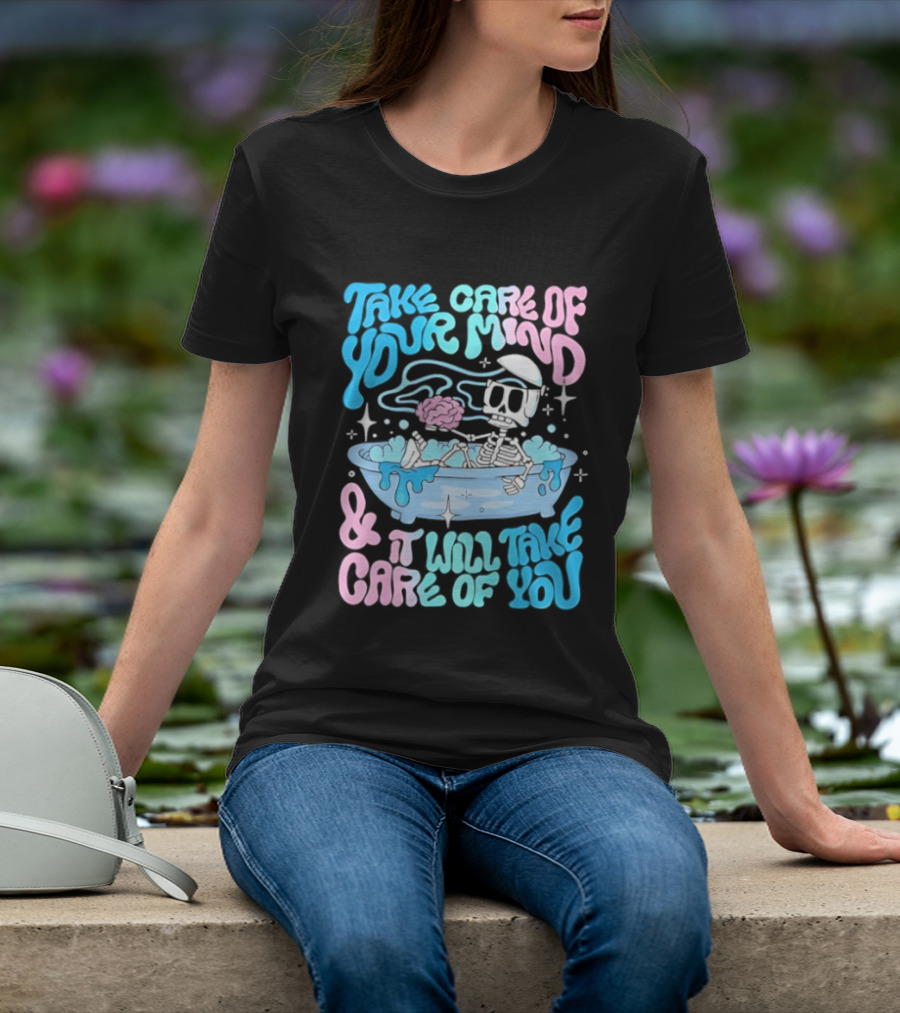 Skeleton Take Care Of Your Mind Neon Pastel Aesthetic T-Shirt