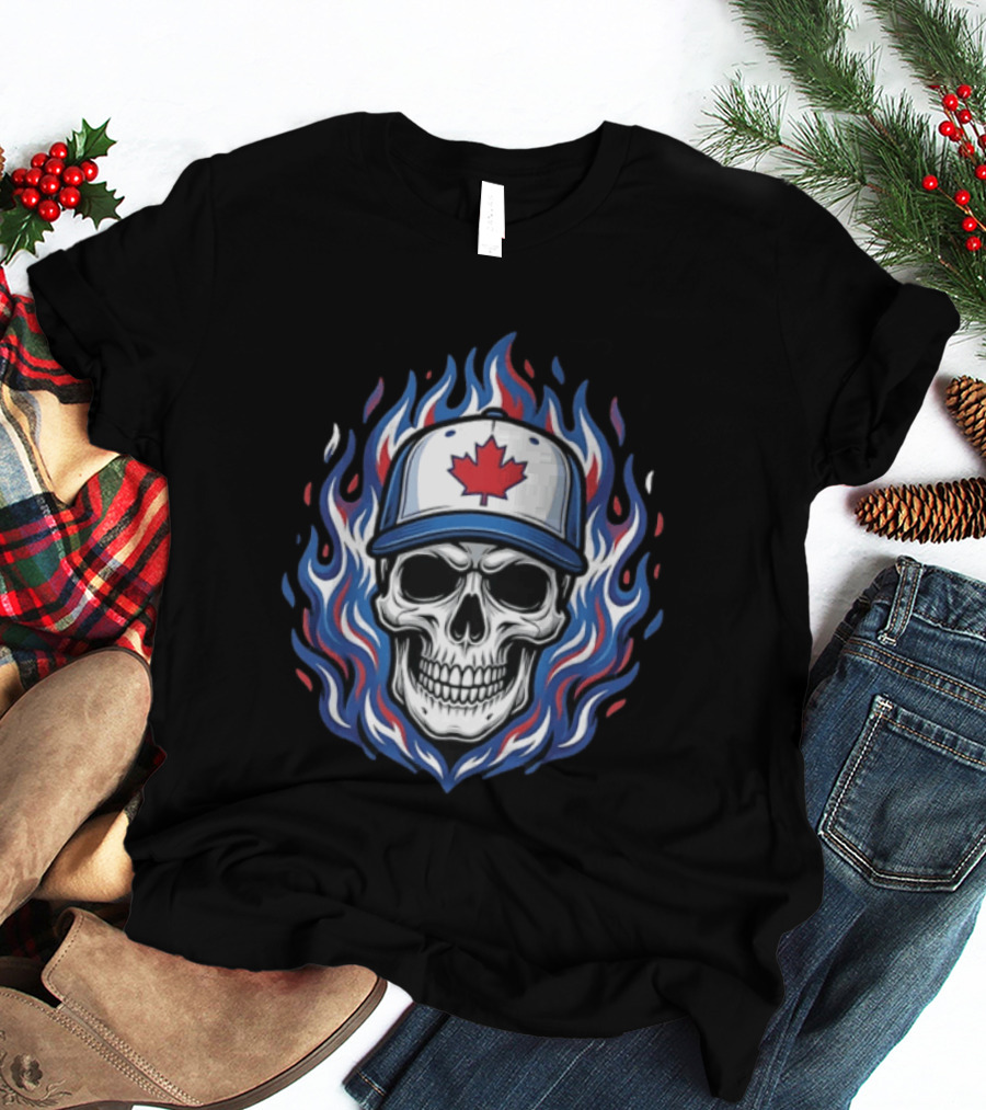 Toronto Blue Jays Skull Maple Leaf Flames T-Shirt