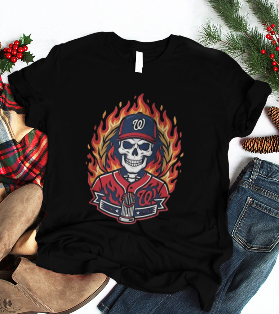 Washington Nationals Skull Baseball Cap Flames Cross Hands Thorns T-Shirt