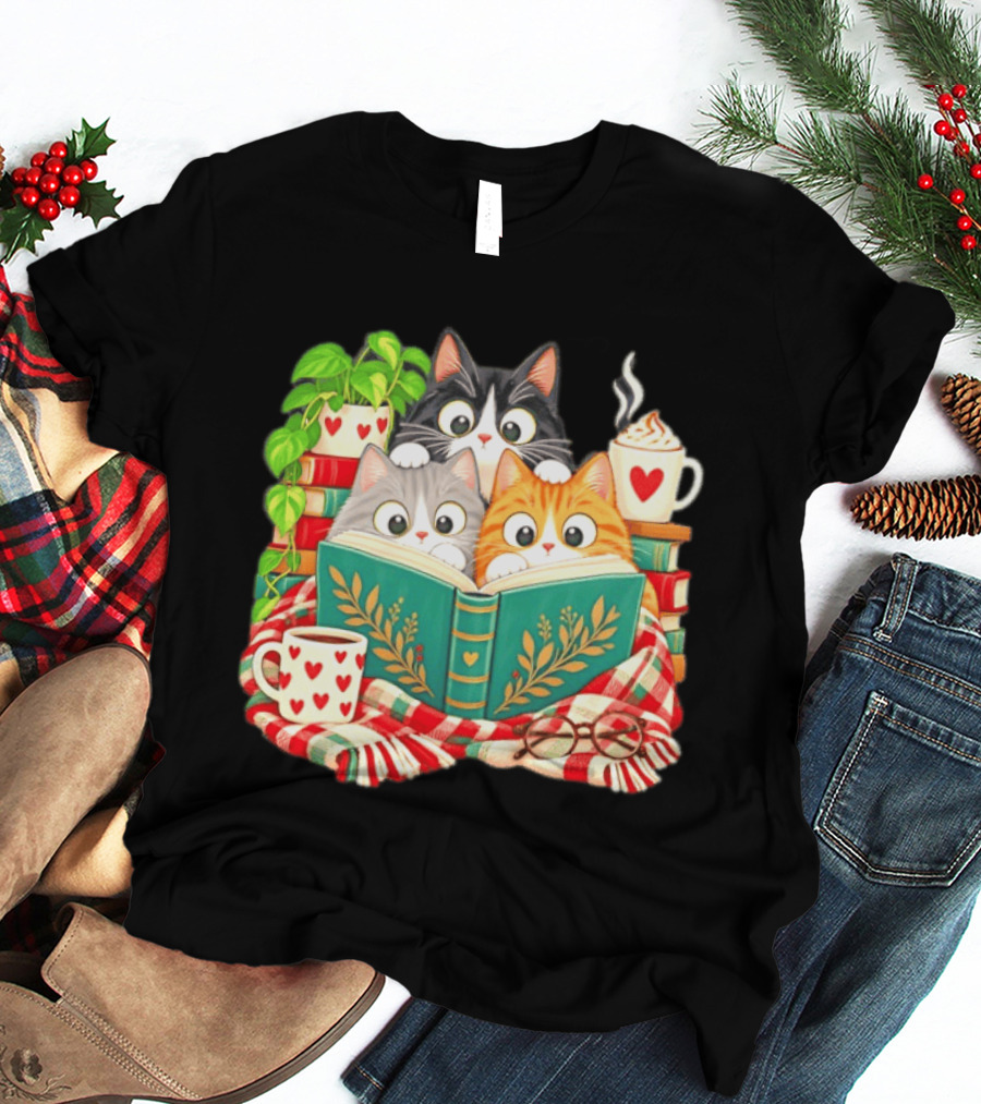Cats Cozy Reading Books Coffee And Heart S T-Shirt