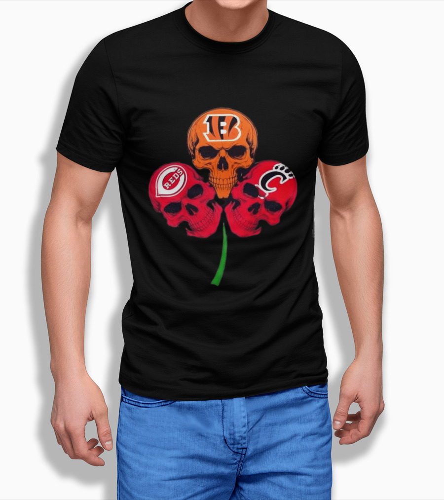 Cincinnati Bengals Reds Bearcats Shamrock Skulls Trio T-Shirt