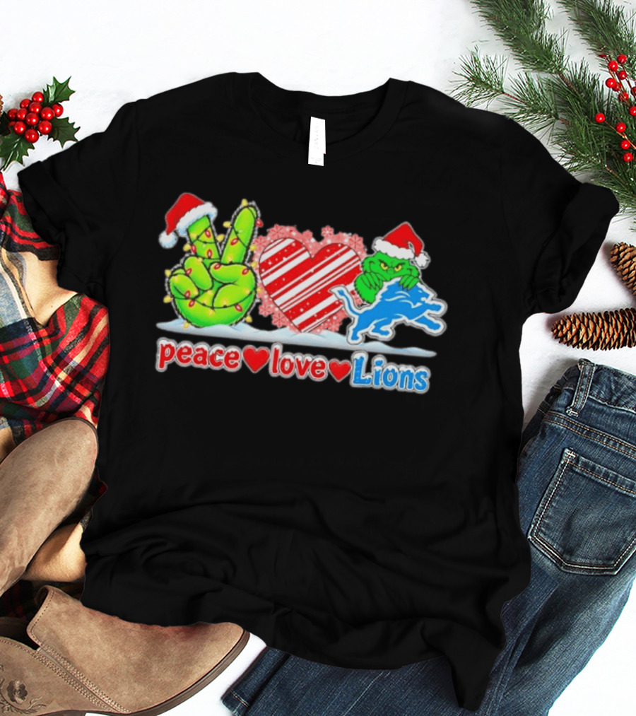 Peace Love Lions Christmas Grinch Detroit Lions T-Shirt
