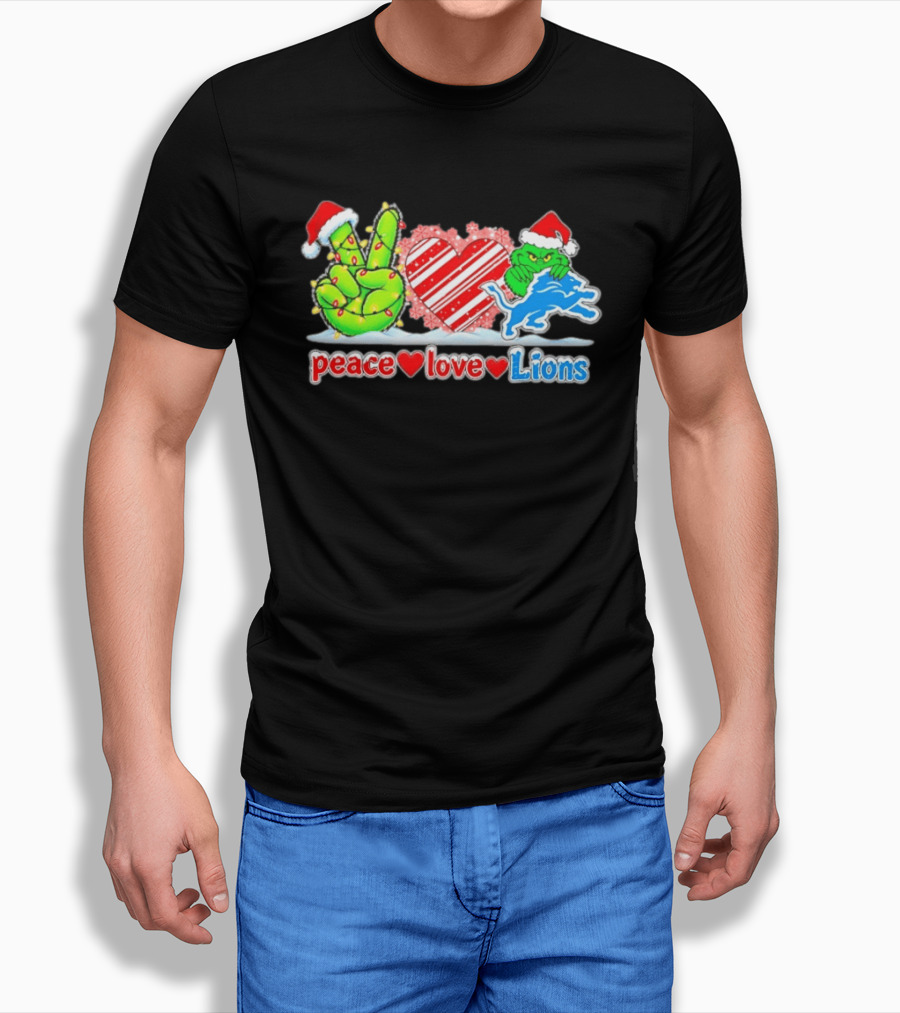 Peace Love Lions Christmas Grinch Detroit Lions T-Shirt