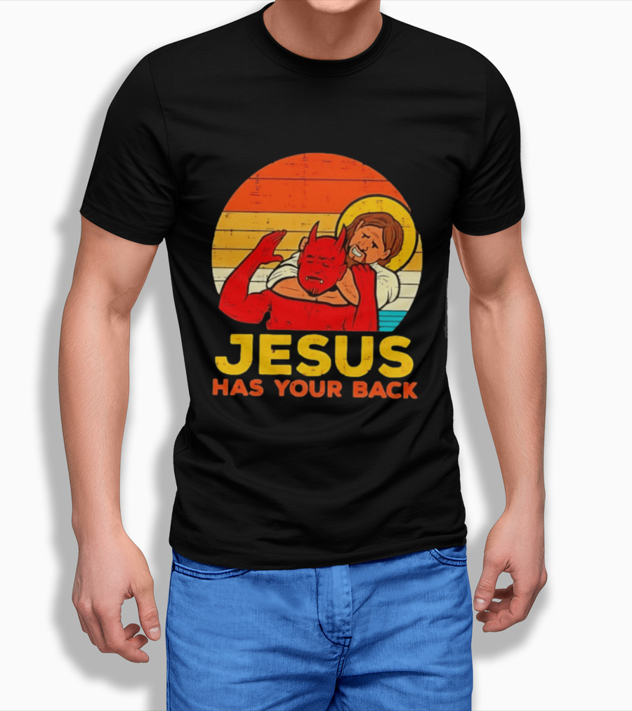 Jesus Has Your Back Devil Wrestling Retro Sunset T-Shirt